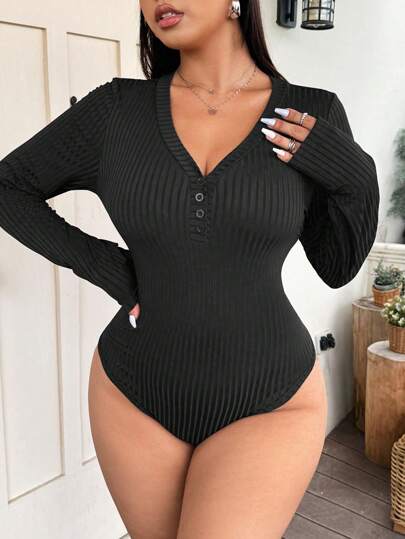 Vionelle 1pc Plus Size Drop Shoulder Long Sleeve Waist Button V-Neck Bodysuit, For Winter Fall Cloth For Women