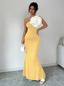 Elenzga Vestido sin mangas de unicolor con cuello asimétrico y flor decorativa, vestido elegante de verano para mujeres