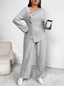 SHEIN LUNE Bộ 2 món/Bộ đồ nữ cỡ lớn màu trơn cổ áo bất đối xứng dài tay cài nút đơn & quần âu, mùa thu - Xám - Xem 6