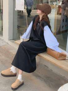 DAZY 女士秋季长袖衬衫拼布运动衫中长连衣裙，秋季女装