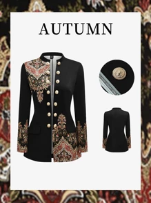 Plus Size Women Jacket, Long Sleeve Blazer With Multi-Buttons Retro Digital Print Fall Winter Cloth For Women Autumn - Black - View 3