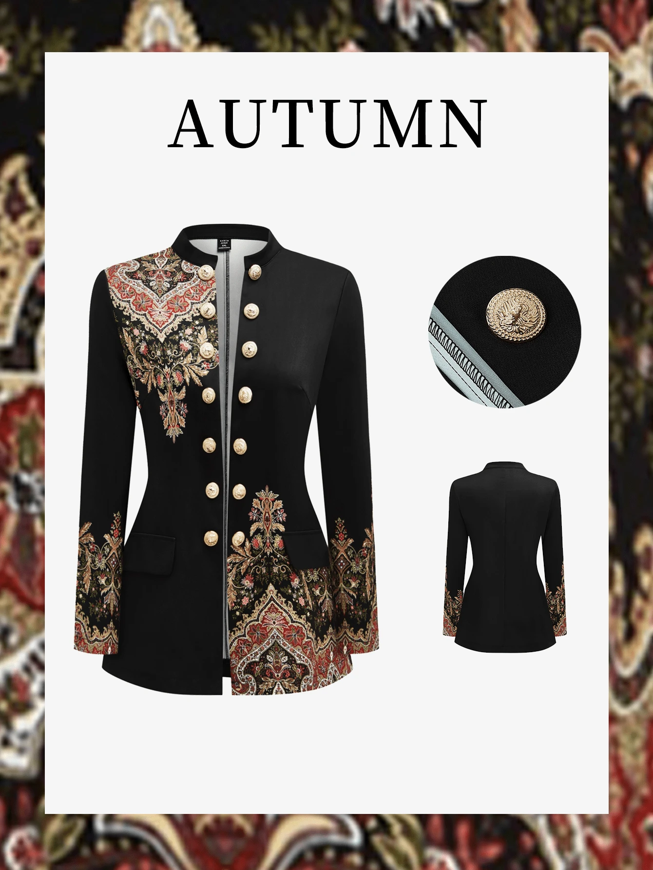 Plus Size Women Jacket, Long Sleeve Blazer With Multi-Buttons Retro Digital Print Fall Winter Cloth For Women Autumn - Black - View 1