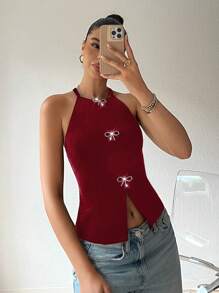 SHEIN EZwear Burgundy Velvet Knit Turtleneck Sleeveless Top For Women