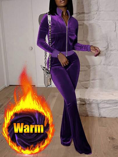2 件套休闲紫色立领拉链连帽衫和裤子套装