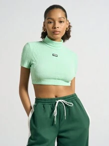 AiiRZ Cable Knit High Neck Short Sleeve Crop Top - Mint Green - View 1