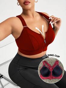 Plus Size Sports Racerback Bra With Adjustable Hook-And-Loop Shoulder Straps, Front Zipper Closure, High Support,With Sewn-In Pads,Non-Removable Pads For Women High Support Racerback,Workout, Yoga, Running For Chinese New Year
