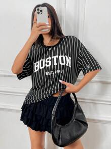 SHEIN EZwear Women Football Jersey Sports Competition Vertical Stripe Letter Print Patchwork Loose Short Sleeve T-Shirt - Black - View 6