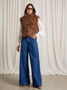 AiiRZ Luxury Faux Fur Shaggy Cropped Vest Sleeveless Plush Gilet Autumn Winter Fashion Stand Collar Outerwear Layering Piece Retro Boho Festival Statement - Brown - View 3