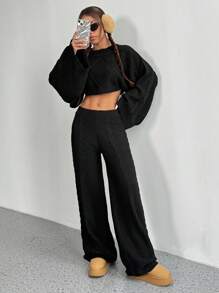 SHEIN Unity 2 件套时尚宽松圆领套头毛衣和裤子套装 - 黑色 - 查看 3