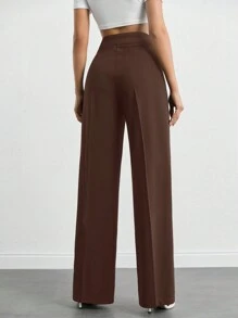 SHEIN Tall Pantaloni casual de damă, cu talie înaltă, de culoare uni, cu picioare largi, lungime întreagă - Maro - Vizualizare 2