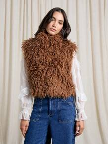 AiiRZ Luxury Faux Fur Shaggy Cropped Vest Sleeveless Plush Gilet Autumn Winter Fashion Stand Collar Outerwear Layering Piece Retro Boho Festival Statement - Brown - View 1