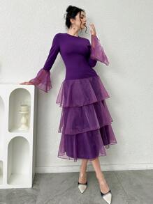 Modelyn 优雅女士荷叶边下摆欧根纱修身派对礼服长款晚礼服 - 紫色 - 查看 3