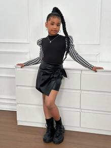 SHEIN Tween Girl Casual Elegant Houndstooth Patchwork Stand Collar Bishop Sleeve Top & PU Skort 2-Piece Set
