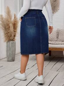 SHEIN LUNE Plus Size Women Casual Paper Bag Waist Button Fly Straight Denim Skirt - Dark Wash - View 2