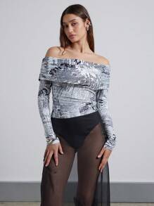 AiiRZ Off Shoulder News Print Top Ruched Long Sleeve Graphic Bodysuit Stretch Form Fitting Street Style Urban Statement Piece Contemporary Modern Aesthetic - Multicolor - View 1