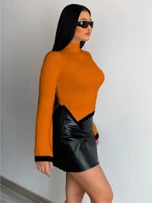 VaVaBold 1件装 女士纯色拼接立领长袖休闲针织套头衫 秋冬款 - 橘色 - 查看 3