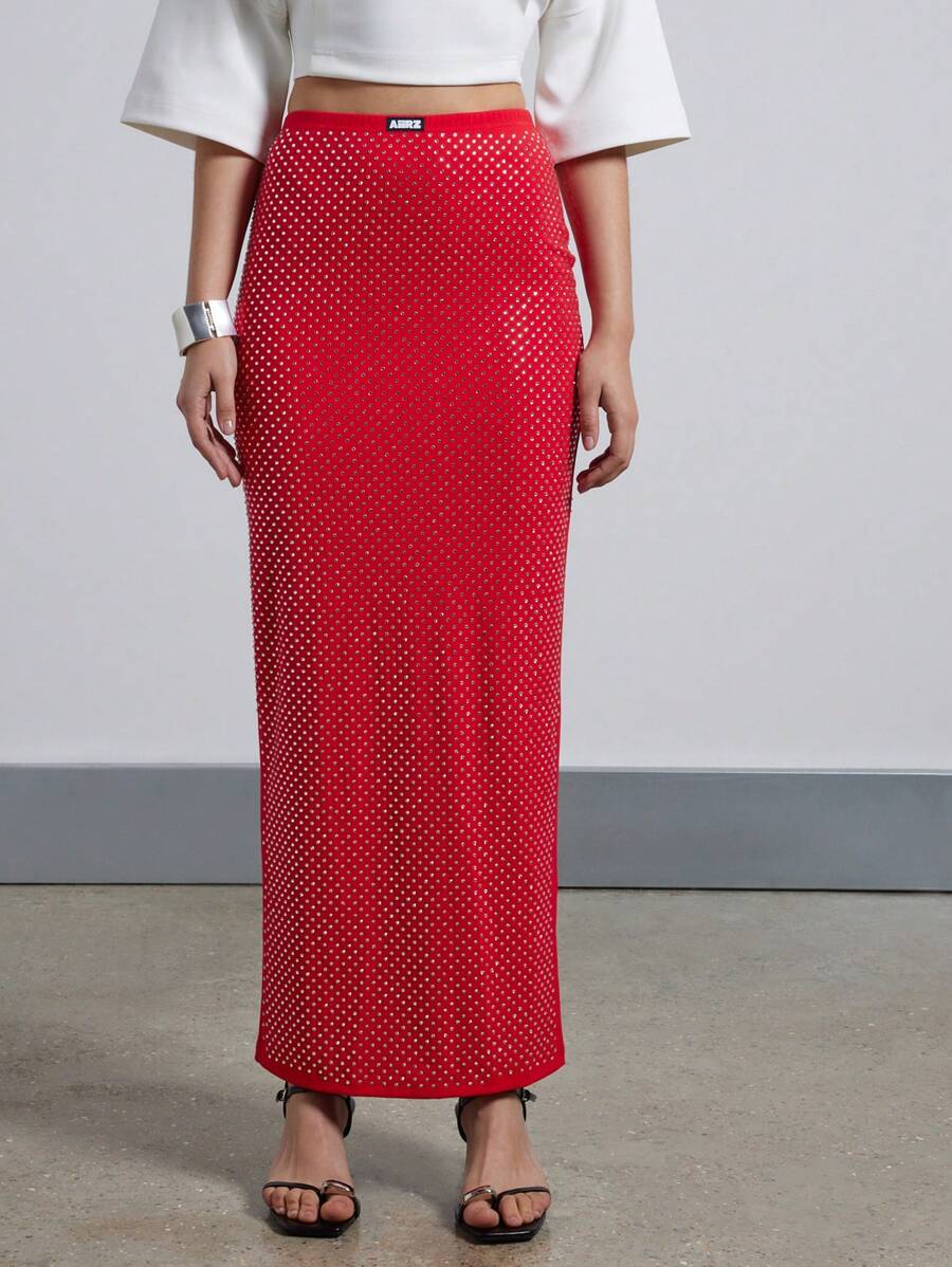 AiiRZ 炫彩水钻装饰修身长裙 - 紅色 - 查看 1