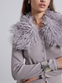 AiiRZ Luxurious Ribbed Maxi Cardigan With Mongolian Lamb Fur Collar Winter Elegant Button Front Long Sweater Cozy Layering Knitwear - Grey - View 3