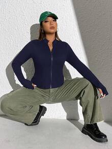 CovetEZ 大码女式休闲简约风格运动前拉链轻便夹克，春秋季 - 藏蓝色 - 查看 8