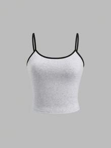 Flirla Cute Bear Print & Solid Color Contrast Trim Camisole Top Set
