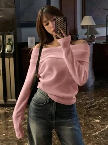 DAZY 女款露肩純色針織T恤，粉色，春秋長袖上衣，秋季女裝外出上衣 - 粉色 - 查看 4