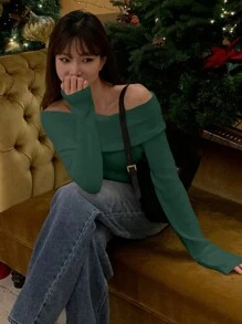 DAZY Women Solid Color Off Shoulder/Off Shoulder Knit T-Shirt, Green, Spring/Summer/Autumn Long Sleeve Women Tops,Fall Women Clothes - Green - View 3