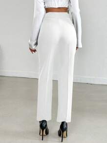 EURMUSE Women Plain Button Front Minimalist Long Pants, Casual Daily Wear - White - View 2