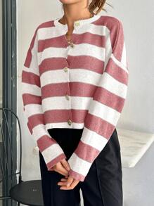 EURMUSE 女士条纹圆领前扣开衫 - 彩色 - 查看 6