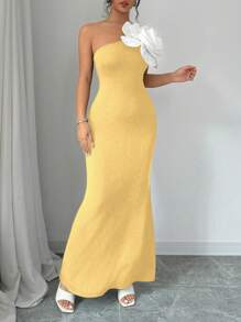 Elenzga Vestido sin mangas de unicolor con cuello asimétrico y flor decorativa, vestido elegante de verano para mujeres
