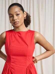 AiiRZ Robe mi-longue avec plis à encolure bateau et sans manches - Rouge - Voir 3