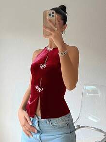 SHEIN EZwear Burgundy Velvet Knit Turtleneck Sleeveless Top For Women