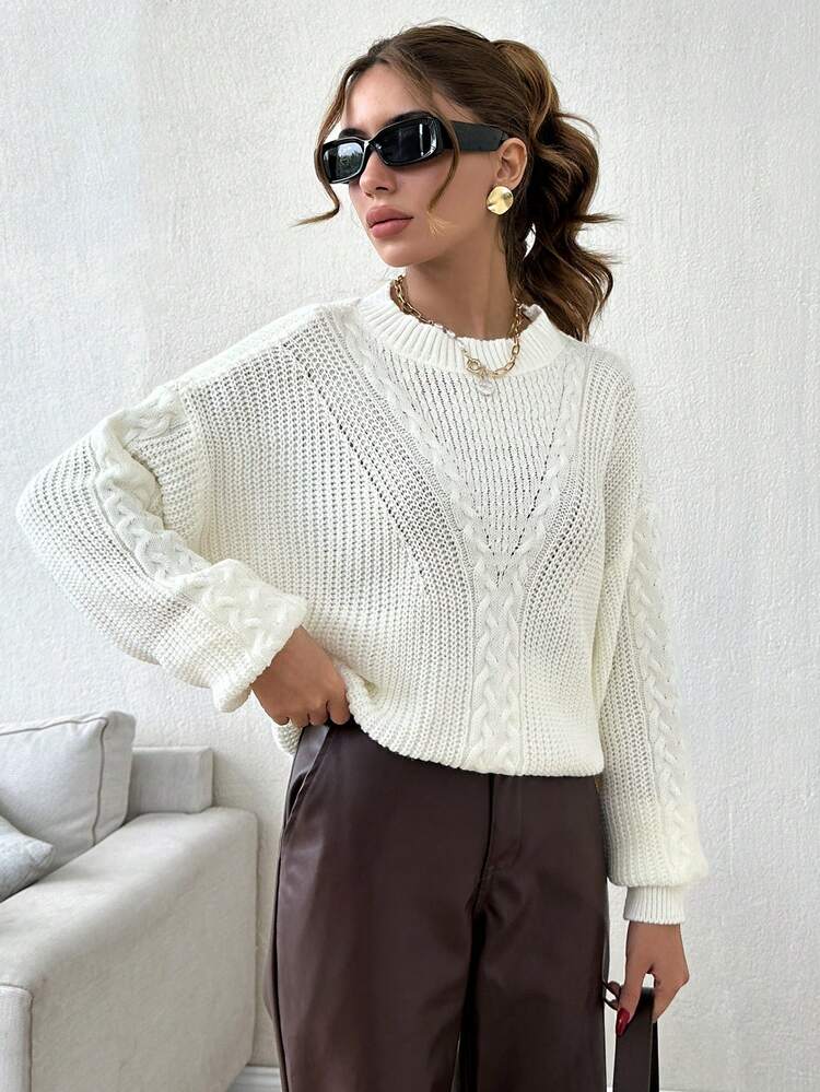 EURMUSE 休闲纯色粗针织落肩毛衣，秋冬 - 米色 - 查看 1