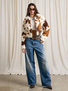 AiiRZ 人造毛皮奶牛印花短款夹克西部风格毛绒冬季时尚个性单品超柔软舒适牧场风奢华外观短款外套 - 彩色 - 查看 4