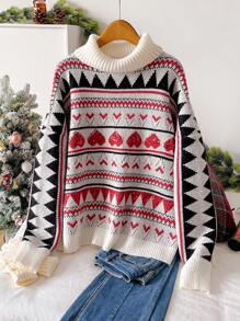 SHEIN Frenchy Plus Size Women's Winter French Christmas High Neck Sequin Cute Heart Pattern Sweater Fall/Winter - Multicolor - View 3
