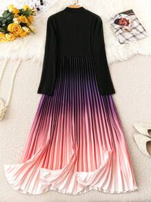 SHEIN Clasi Plus Size Solid Color Patchwork Round Neck Long Sleeve Simple Pleated Casual Dress Maxi Women Outfit