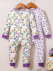 2 Stücke Baby Mädchen Blumen Langarm Jumpsuit Pyjama Set, Eng anliegend