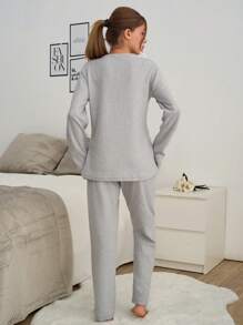 RueChic 2pcs Cotton Contrast Piping Cute Cat Embroidery With Button Detail Homewear Set - Light Grey - View 2