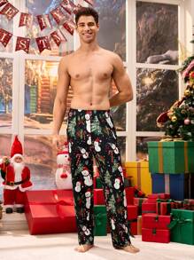 Happy Jammies 男士圣诞雪人图案松紧腰休闲裤，圣诞礼物 - 黑色 - 查看 1