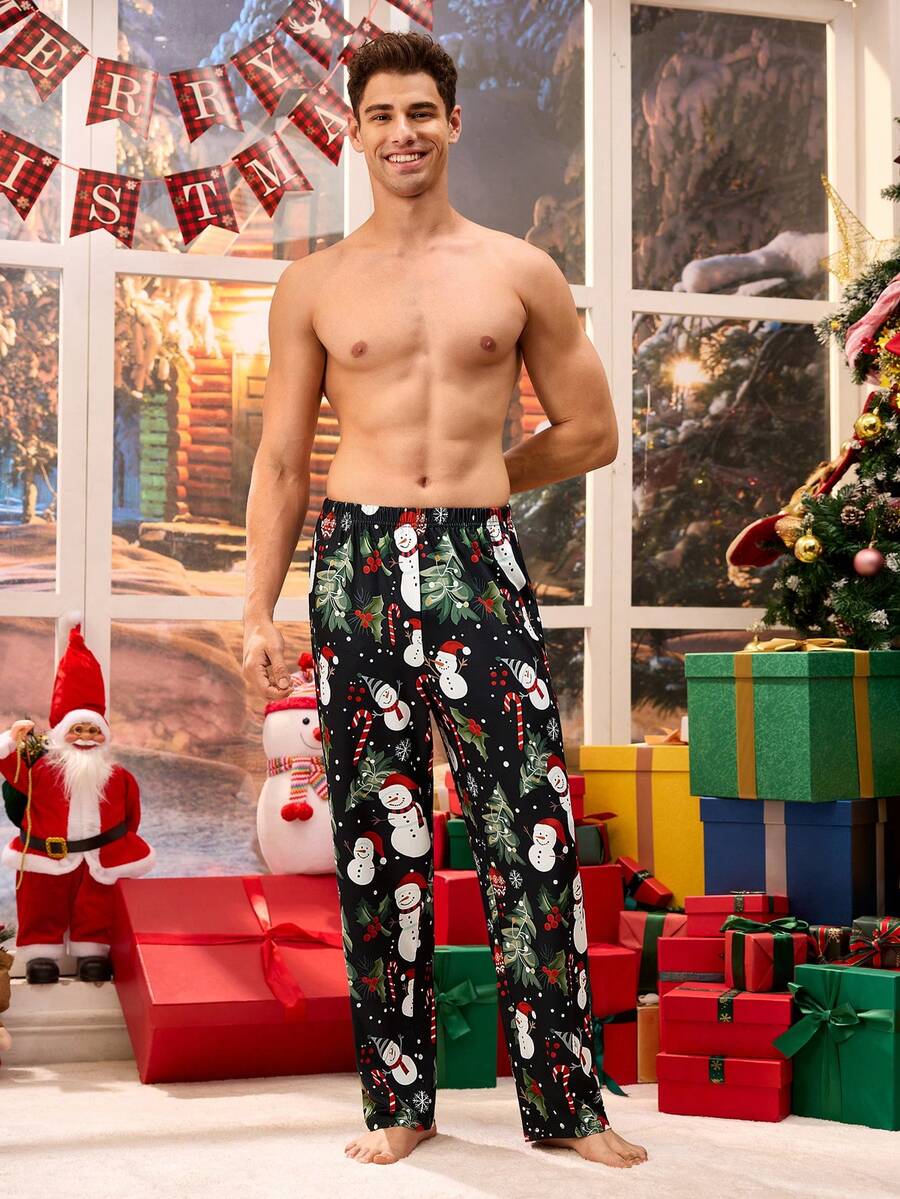 Happy Jammies 男士圣诞雪人图案松紧腰休闲裤，圣诞礼物 - 黑色 - 查看 1