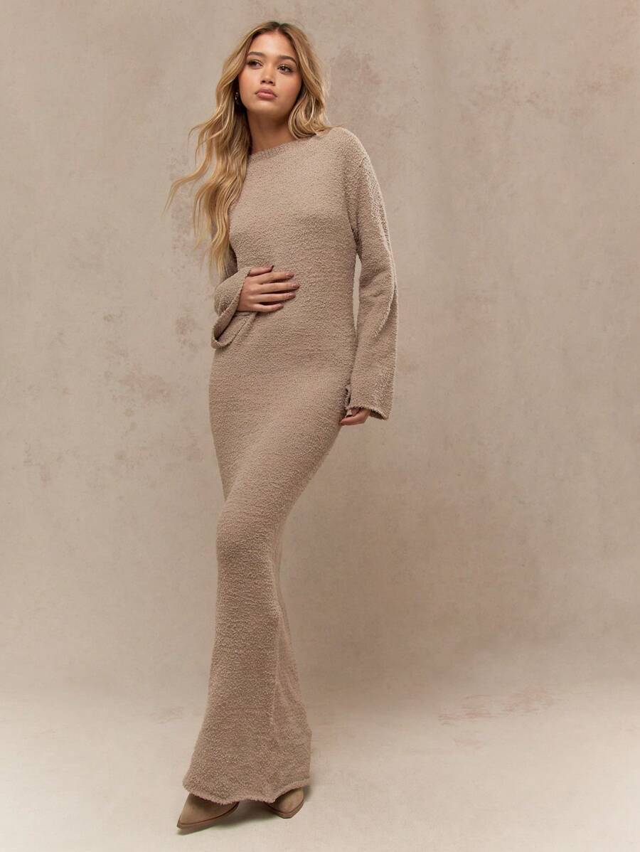 MISSGUIDED 长袖针织长裙舒适秋冬拖地长家居服柔软纹理紧身保暖假日毛衣长袍 - 卡其色 - 查看 1