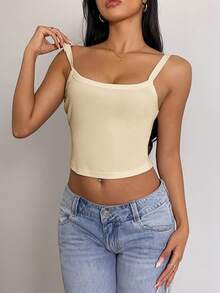 SHEIN SXY 女士纯色细肩带简约背心休闲日常穿着 - 米色 - 查看 4