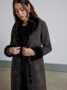 AiiRZ Winter Fur Trim Long Maxi Coat Thick Suede Fabric Soft Plush Collar Full Length Dressy Holiday Season Outerwear Warm Cozy Luxury