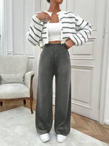 RueChic Women Stripe Patten Front Button Cardigan & Sweater Pants Set - Dark Grey - View 1