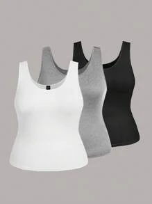SHEIN LUNE Casual Minimalist Large Scoop Neck Tank Top For Plus Size Women, Slim Fit Tank Tops, Suitable For Summer