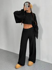 SHEIN Unity 2 件套时尚宽松圆领套头毛衣和裤子套装 - 黑色 - 查看 4