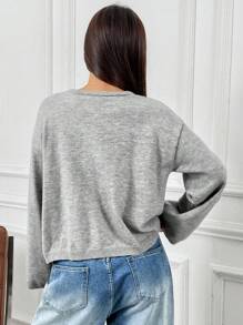 SHEIN EZwear Casual Colorblock Black & White Striped Lace-Up Sweater, Autumn/Winter Knotted Long Sleeve Cardigan, Commute, Minimalist, Office Wear, Old Money, Simple, Women's Tie Front Belt Solid Color Knitwear Sweater Cardigan, Can Be Worn Over A T-Shirt,Long Sleeve Tops,Tops For School In Fall/Winter - Grey - View 2