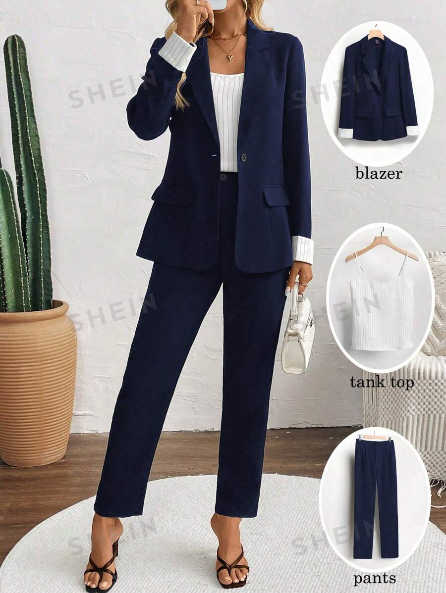 Calvaya Conjunto de 3 piezas para mujer con blazer casual de cuello de solapa con bloques de colores a rayas, camiseta y pantalón pitillo