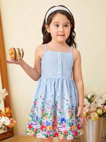 SHEIN Leap Crew 小女童條紋圖案和印花吊帶連衣裙 - 彩色 - 查看 6