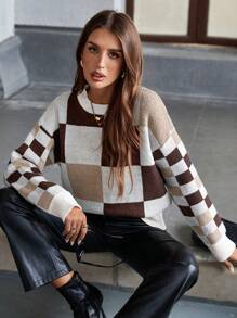 Chiquease Áo len dài tay cổ tròn kẻ caro nhiều màu sắc, kiểu dáng thường ngày, thích hợp cho mùa thu/đông. - Nhiều màu - Xem 5
