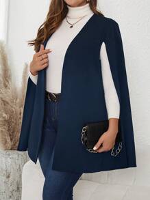 SHEIN Clasi Plus Size Women Open Front Cape Blazer Jacket - Navy Blue - View 4